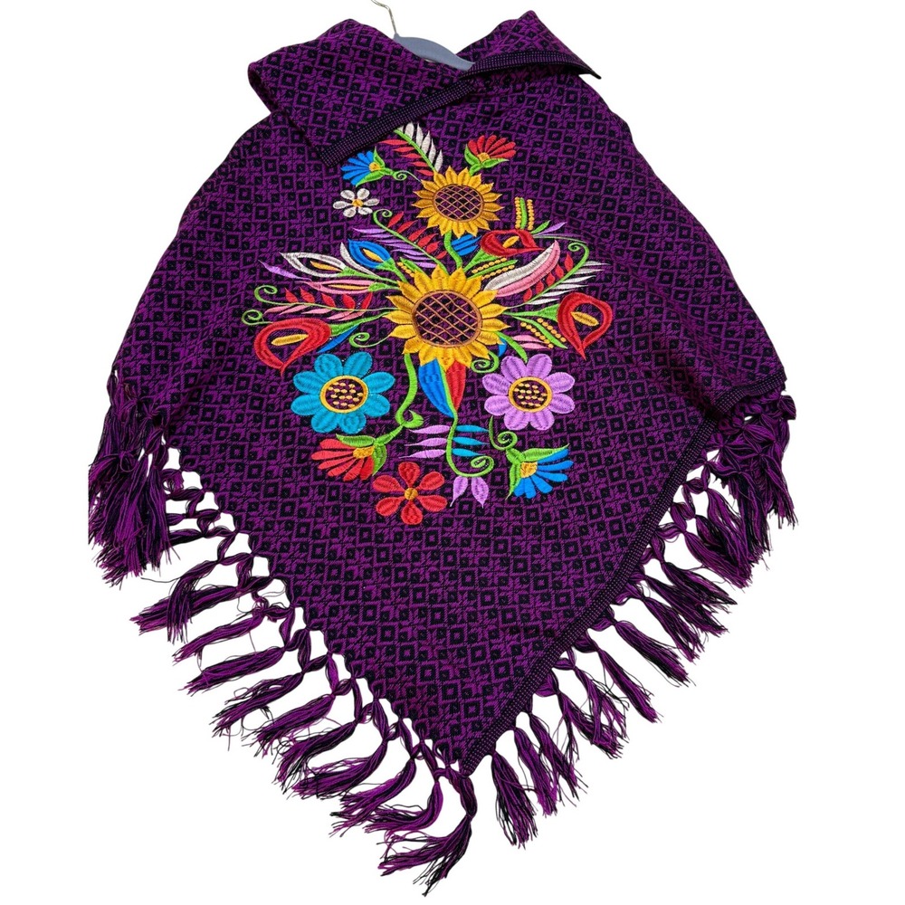 Textiles Mexico Purple Floral Embroidered Hooded Poncho Fringe Wrap One Size